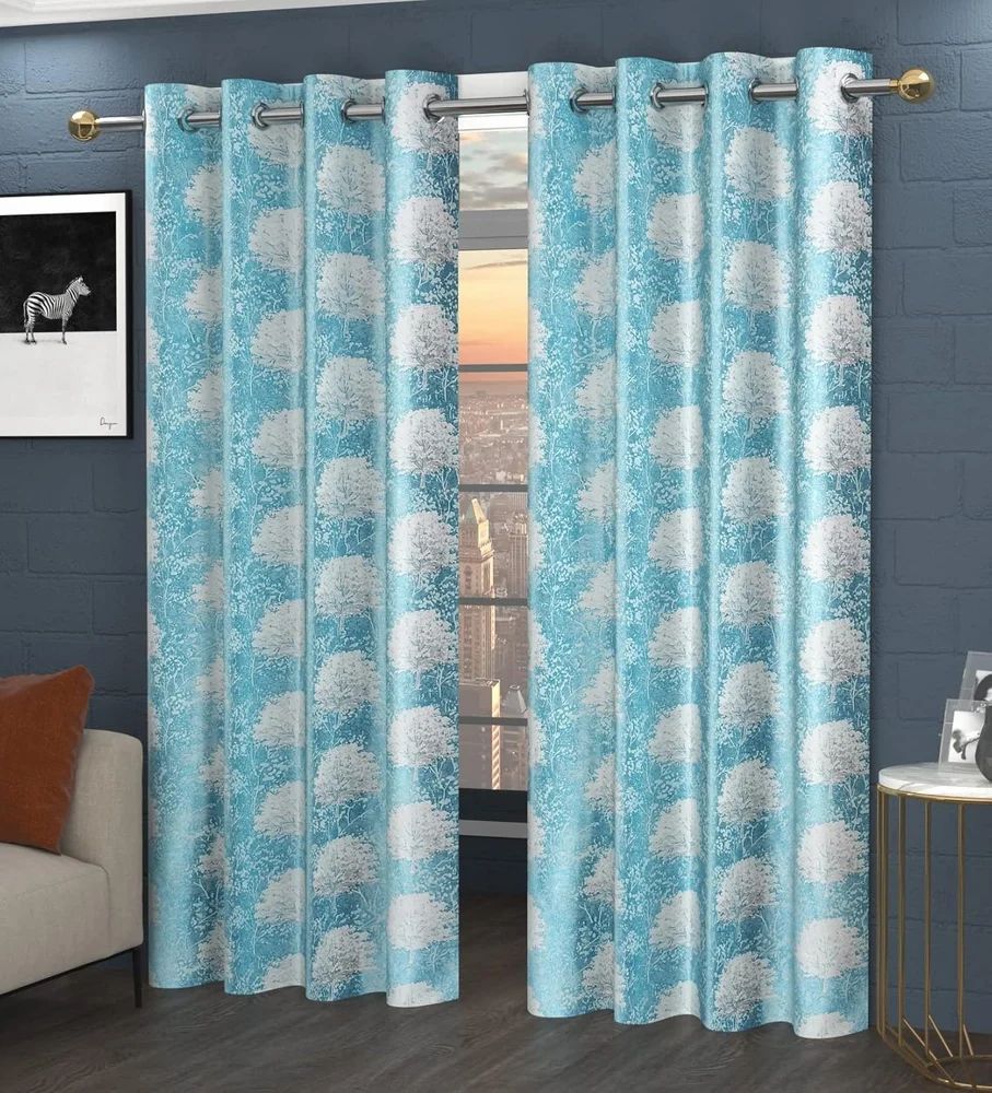 Blue Printed Polyester Window Curtain Vedartah