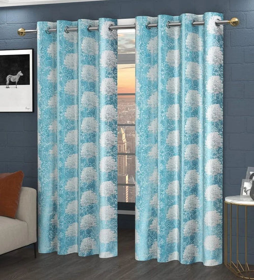 Blue Printed Polyester Window Curtain Vedartah